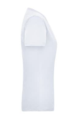 A white work t-shirt for women, showcasing a fitted design and short sleeves. It includes a logo on the fabric.