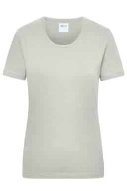 A light grey women's work t-shirt with short sleeves and a round neckline, featuring a small logo on the neck.