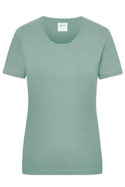 A light green women's work t-shirt with a round neck and short sleeves, featuring a brand logo.