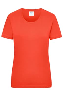 A bright orange women's work t-shirt with a rounded neckline and short sleeves, featuring a branding label.