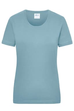 A women's short-sleeve t-shirt in a soft blue colour, featuring a round neck and a branding logo.