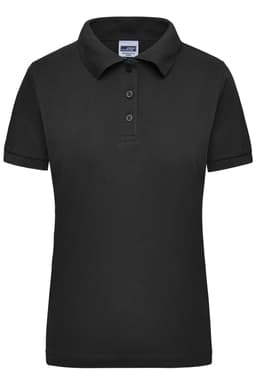 A black women's polo shirt featuring a collar and three buttons, with short sleeves and a fitted design.