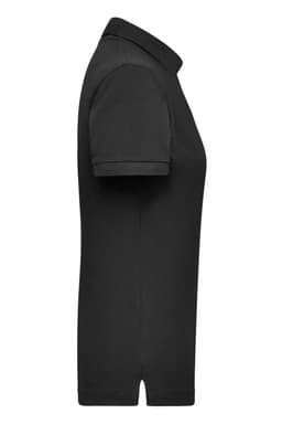 A black women's work polo shirt featuring a classic short-sleeve design and a logo.
