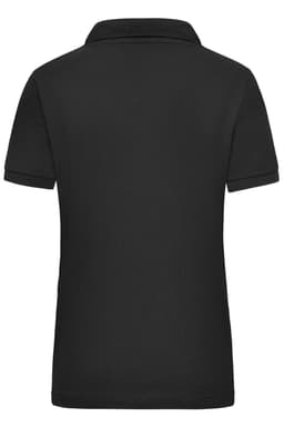 A black women's polo shirt with a collar, featuring a smooth fabric texture and a logo on the back.