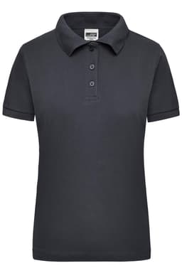 A dark grey women's polo shirt with a collar and button placket, featuring short sleeves. It has a logo on the label.