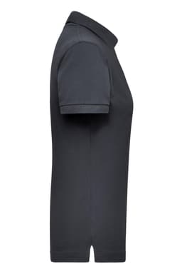 A dark grey women's work polo shirt featuring a classic collar and short sleeves. It includes a branding logo.