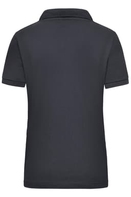 A black women's work polo shirt with a classic collar and short sleeves, featuring a logo on the back.