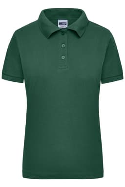 A green women's polo shirt with a collar and short sleeves, featuring buttons and a branding label.