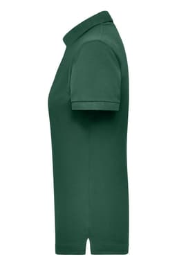 A green women's polo shirt displayed from the side, featuring a collar and short sleeves, with a logo on the chest.