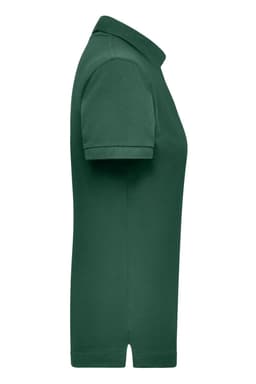 A green women’s polo shirt featuring a collar and short sleeves, displayed from the side. It includes a logo.