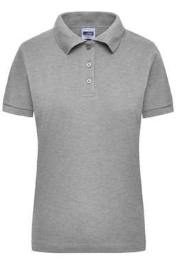 A grey women's polo shirt with a collar and three buttons, featuring a logo on the chest.