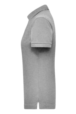 A grey women's polo shirt with short sleeves and a collar, featuring a logo.