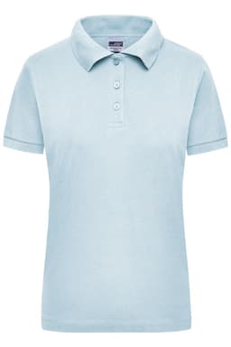 A light blue women's polo shirt with a collar and three buttons, featuring a small branding logo.