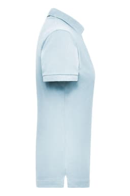 A light blue women's work polo shirt featuring short sleeves and a collar. It has a branding logo on the side.