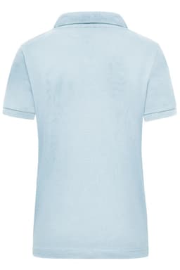 A light blue women's polo shirt with a collar, featuring a logo on the back.