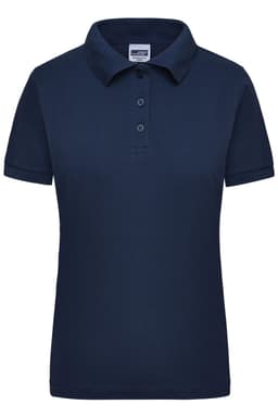 A women's work polo shirt in navy blue with a collared neckline and short sleeves. It features a logo.