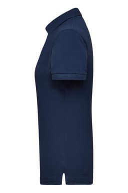 A navy blue women's work polo shirt with a classic collar and short sleeves, featuring a branded logo.