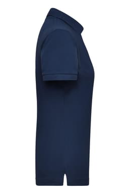 A navy blue work polo shirt for women featuring short sleeves and a collar, displaying a subtle logo.