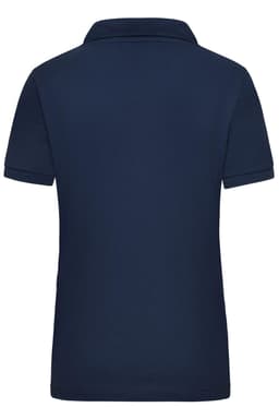 A navy blue women's polo shirt featuring a classic collar and short sleeves, with a logo on the back.