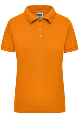 An orange women's work polo shirt featuring a classic collar and three-button placket, with a logo present.