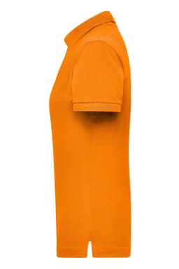 An orange women's polo shirt with a collar and short sleeves, featuring a logo.