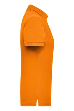 An orange women's polo shirt featuring a collar and short sleeves, displayed from the side.