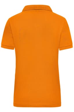 An orange women's polo shirt with a collar, featuring a logo on the back.