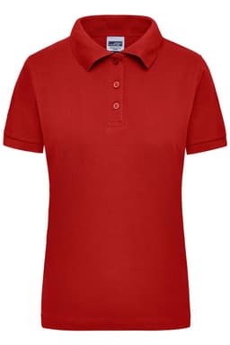 A red women's polo shirt featuring a collar and three buttons, with a logo on the chest area.