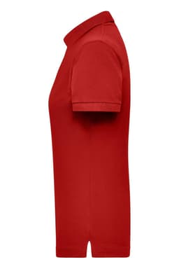 A red women's work polo shirt featuring a collar and short sleeves, with a logo on the front.
