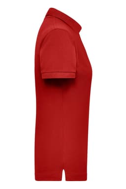 A red women's polo shirt with a collar and short sleeves, featuring a logo on the side.