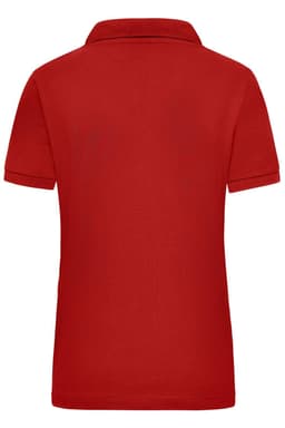 A red women's work polo shirt with a classic collar and a seamless back design, featuring a logo.