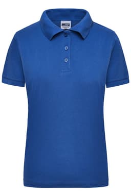 A blue women's polo shirt with a collar and short sleeves, featuring a logo on the left.