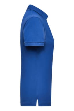 A blue women's work polo shirt featuring a collar and short sleeves, with a logo on the side.
