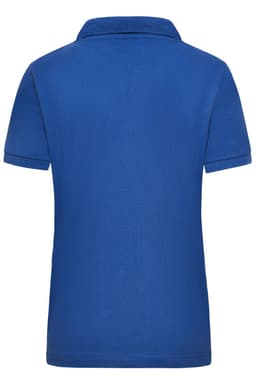 A blue women's polo shirt featuring a collar and short sleeves, with a logo on the back.