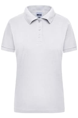 A light grey women’s polo shirt with a collar and three buttons. It features a logo on the chest.
