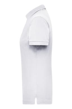 A white women's polo shirt with a classic collar and short sleeves, featuring a small logo.