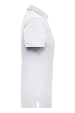 A white women's polo shirt with short sleeves and a collar, featuring a logo on the side.