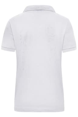 A white women's polo shirt with a collar and short sleeves, featuring a logo. Back view shown.