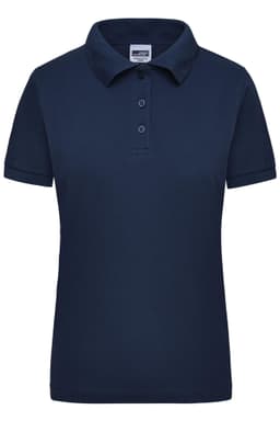 A navy blue women's polo shirt with a collar and three buttons, featuring a logo.