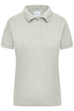 A light grey women's polo shirt with a collar and three buttons, featuring a logo.