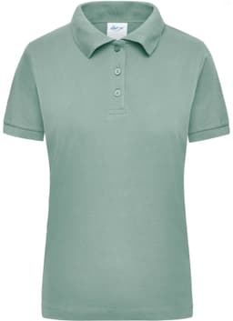 A women's polo shirt in a soft green colour with a classic collar and button placket, featuring a logo.