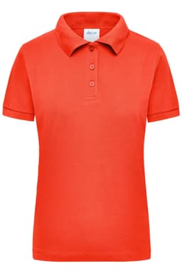 An orange women's polo shirt with a collared neckline and three-button placket, featuring a logo.