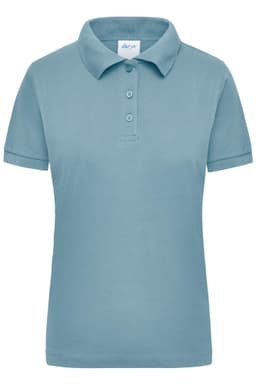 A light blue women's polo shirt with a collar and three-button placket, featuring a logo.
