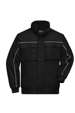 A black workwear jacket with two front pockets, white detailing, and a high collar. It features a logo on the front.