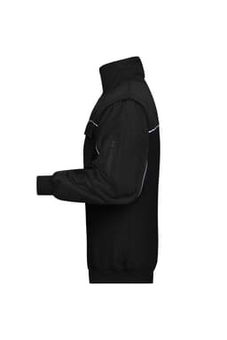 A black workwear jacket with a high collar and elastic cuffs, featuring a pocket on the arm and visible stitching details.
