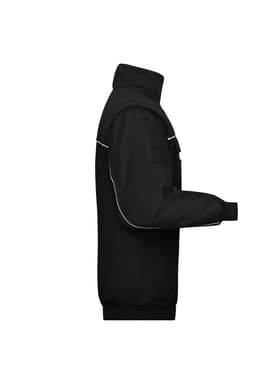 A black workwear jacket featuring a zip-up collar and piping detail, with a logo on the front.
