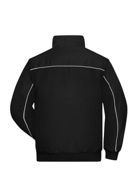 A black work jacket featuring a high collar and contrasting white piping on the back. It has a logo or branding.