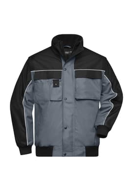 A workwear jacket featuring a grey and black design, with multiple pockets and a logo on the chest area.