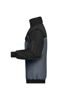 A workwear jacket in black and grey with a zip closure and a logo on the sleeve.
