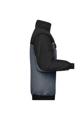A workwear jacket in black and grey, featuring a zip front and a high collar. It has branding on the left chest.